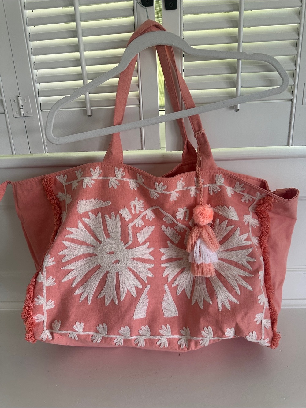 Debbie Katz South Beach Embroidered Coral Tote Bag with Embroidery and Tassel